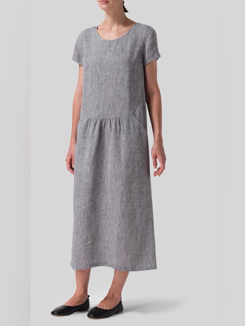 Vivid Linen Gray Melange Dropped Waist Pockets Maxi Dress Plus Size 2X